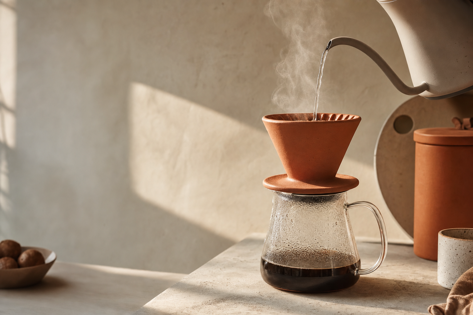 Ceramic pour-over mid-pour against a limewash wall in morning light