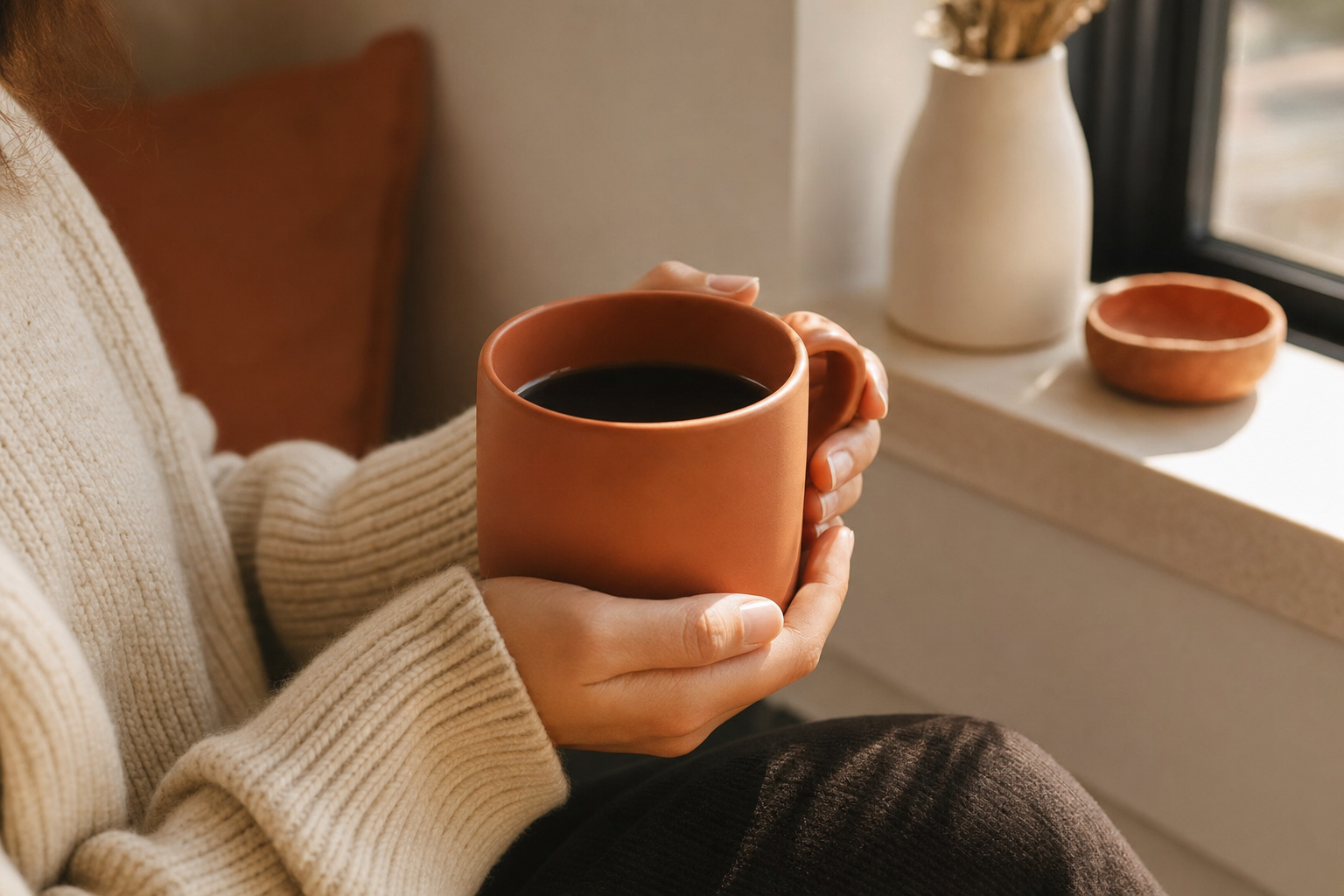 Hands wrapped around a warm ceramic mug by a window