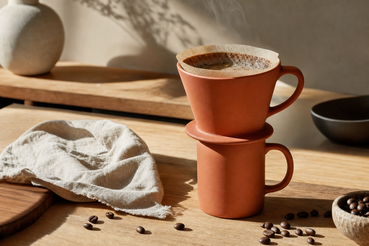 Dripper and mug on a wooden counter with coffee beans and long shadows
